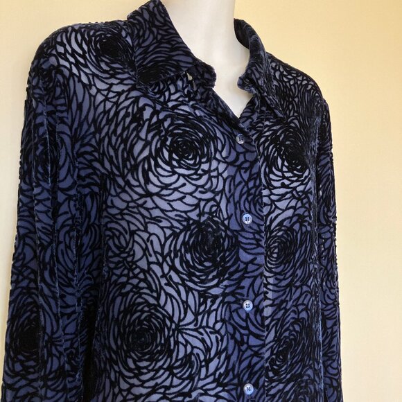 Mantles Petite Silk Blend Burnout Velvet Shirt Navy Sheer Rose Pattern Blouse - Picture 2 of 8